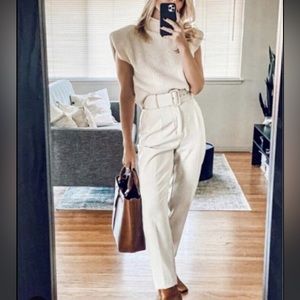 NWOT Zara High Waisted Belt Pants in Ecru